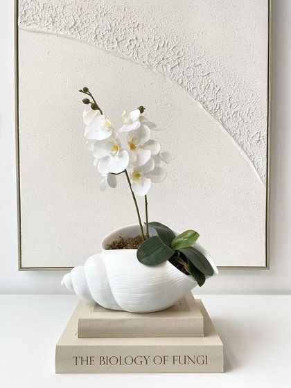 escultura concha em poliresina branco com flor lili casa
